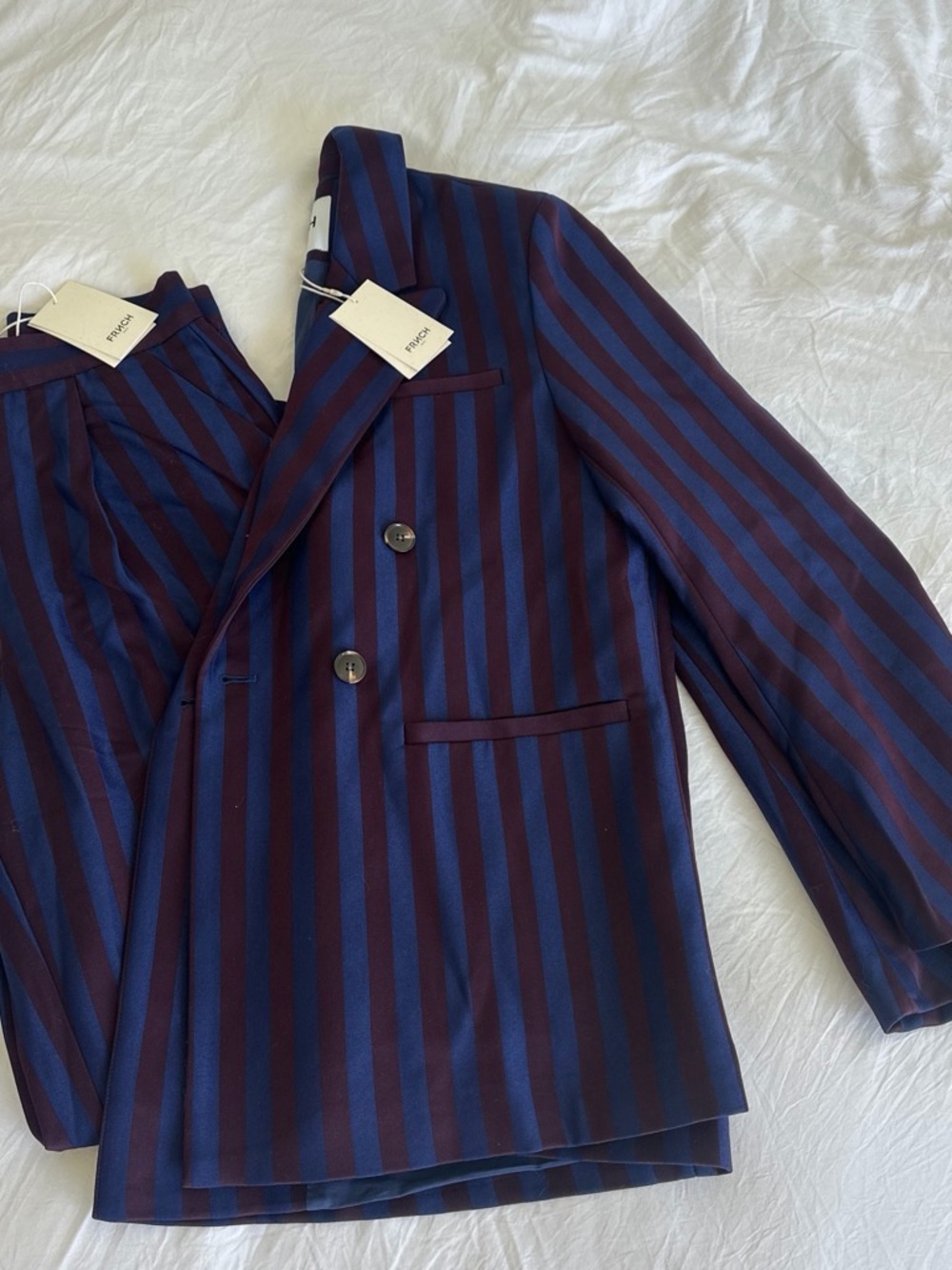 FRNCH Women's Navy & Burgundy Striped Double-Breasted Blazer & Pants